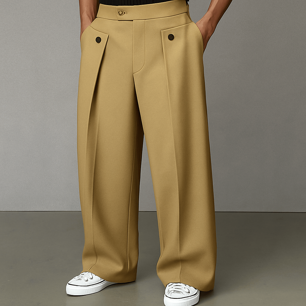 Men's Pleated Wide-Leg Trousers with Button Detail