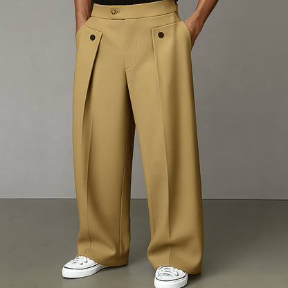 Men's Pleated Wide-Leg Trousers with Button Detail