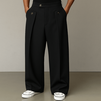 Men's Pleated Wide-Leg Trousers with Button Detail