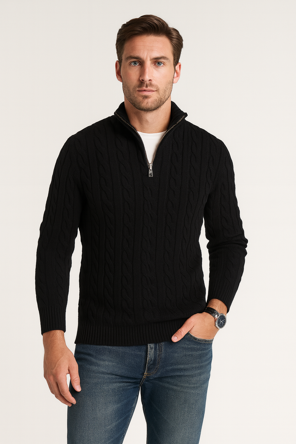 Men's Cable-Knit Half-Zip Jumper with High Collar