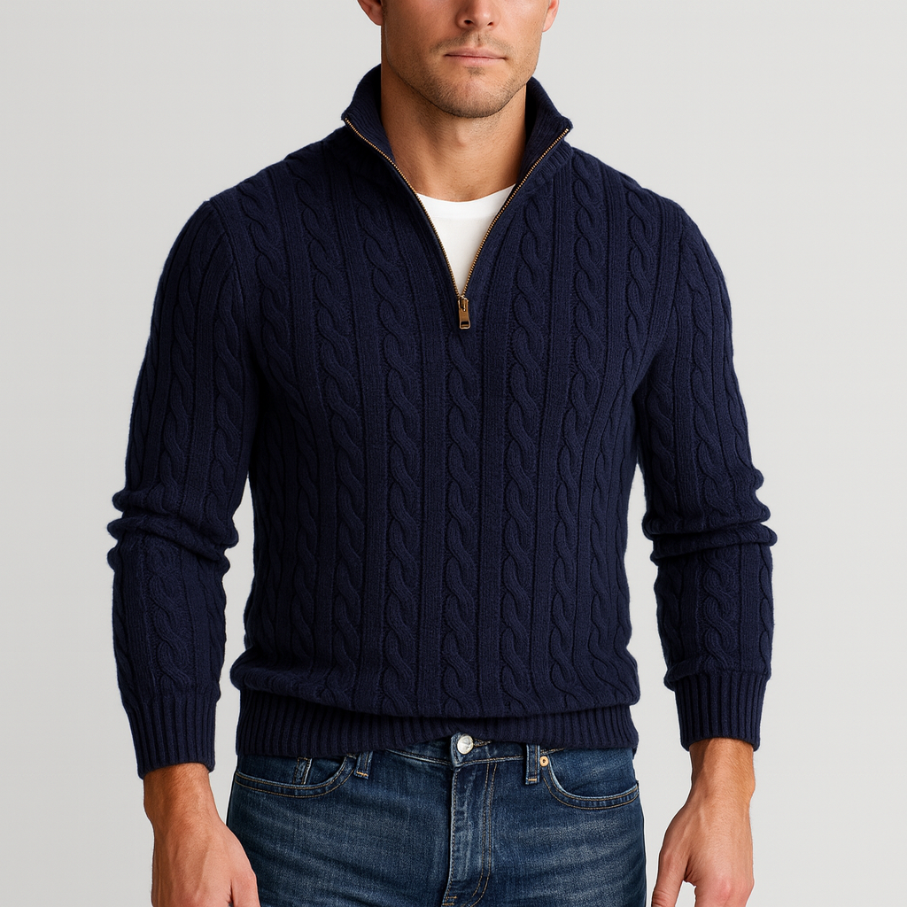 Men's Cable-Knit Half-Zip Jumper with High Collar