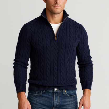 Men's Cable-Knit Half-Zip Jumper with High Collar