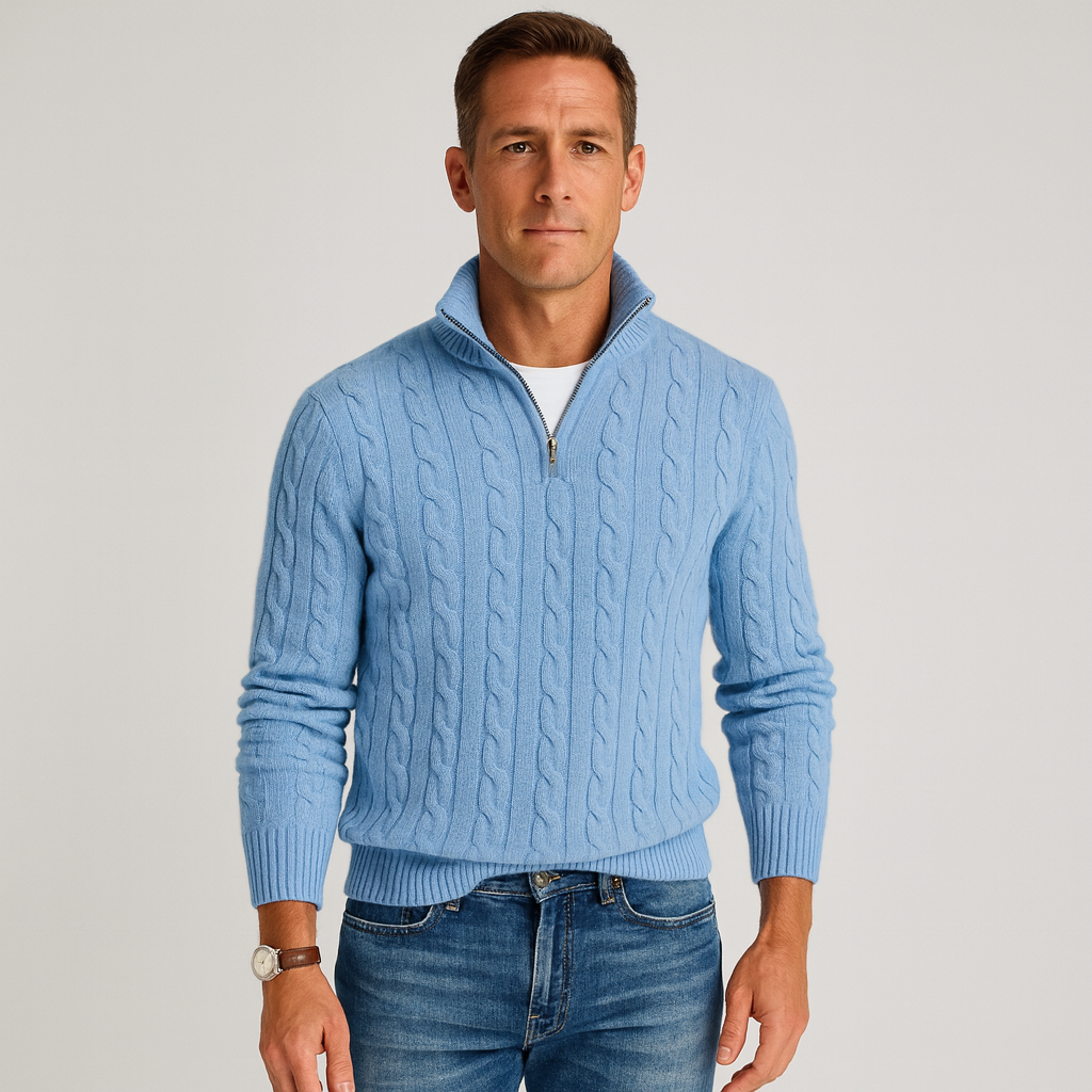 Men's Cable-Knit Half-Zip Jumper with High Collar