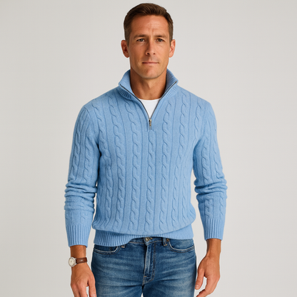 Men's Cable-Knit Half-Zip Jumper with High Collar