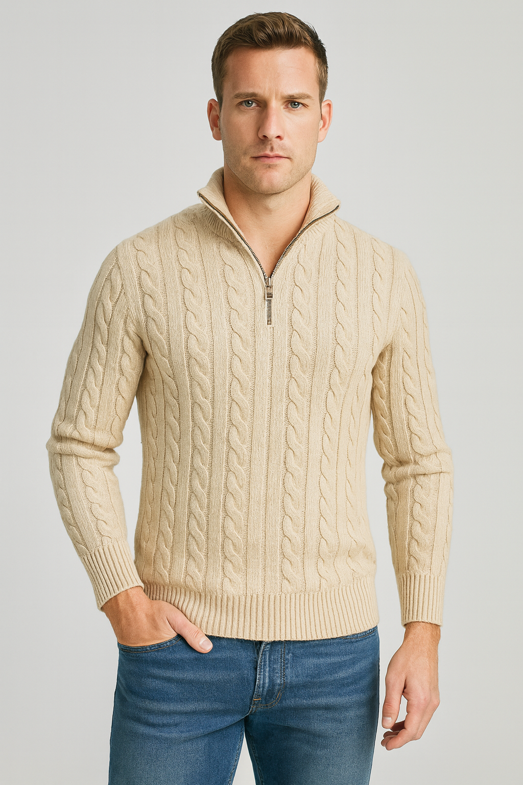 Men's Cable-Knit Half-Zip Jumper with High Collar