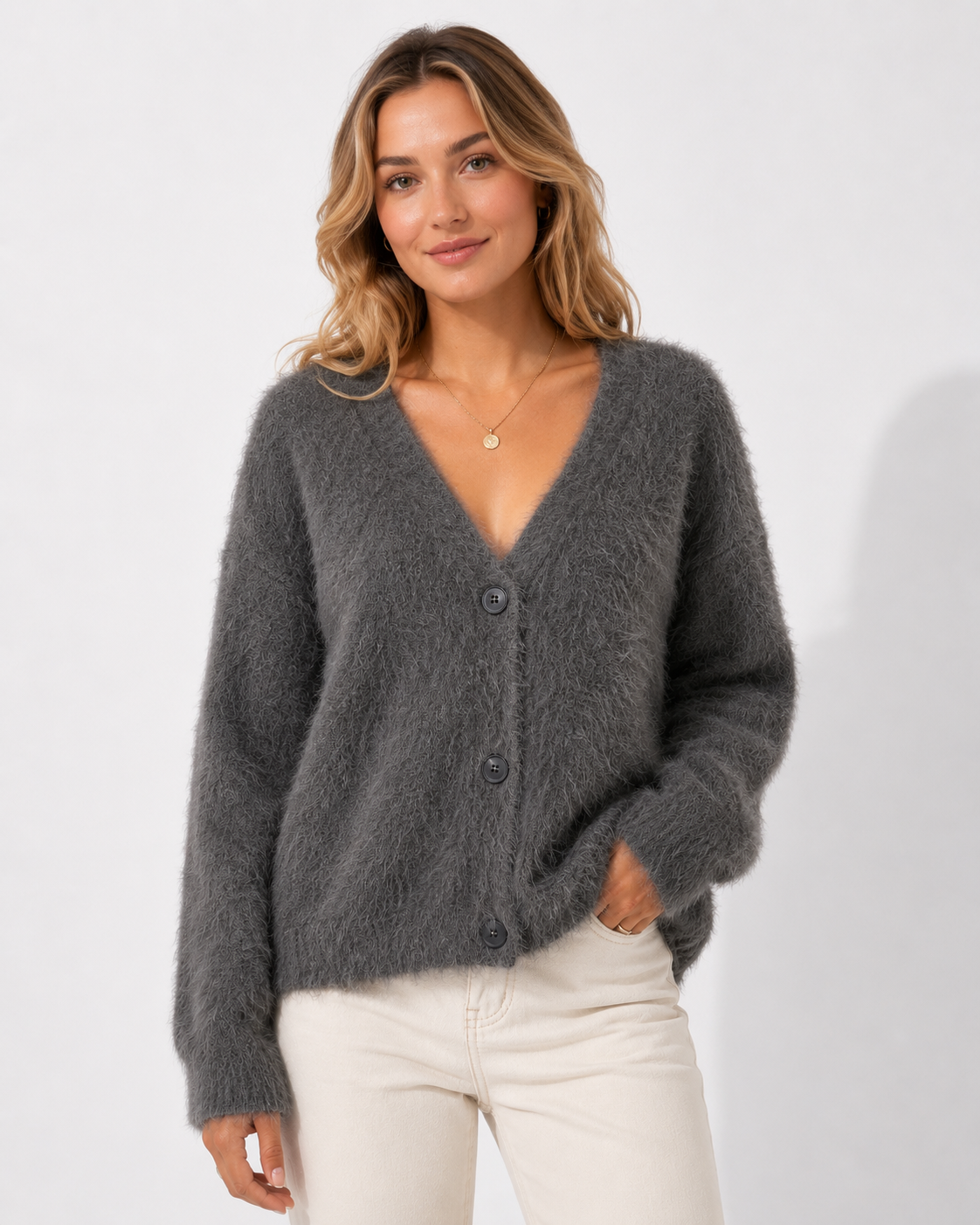 Women's Brushed Knit Cardigan with V-Neck