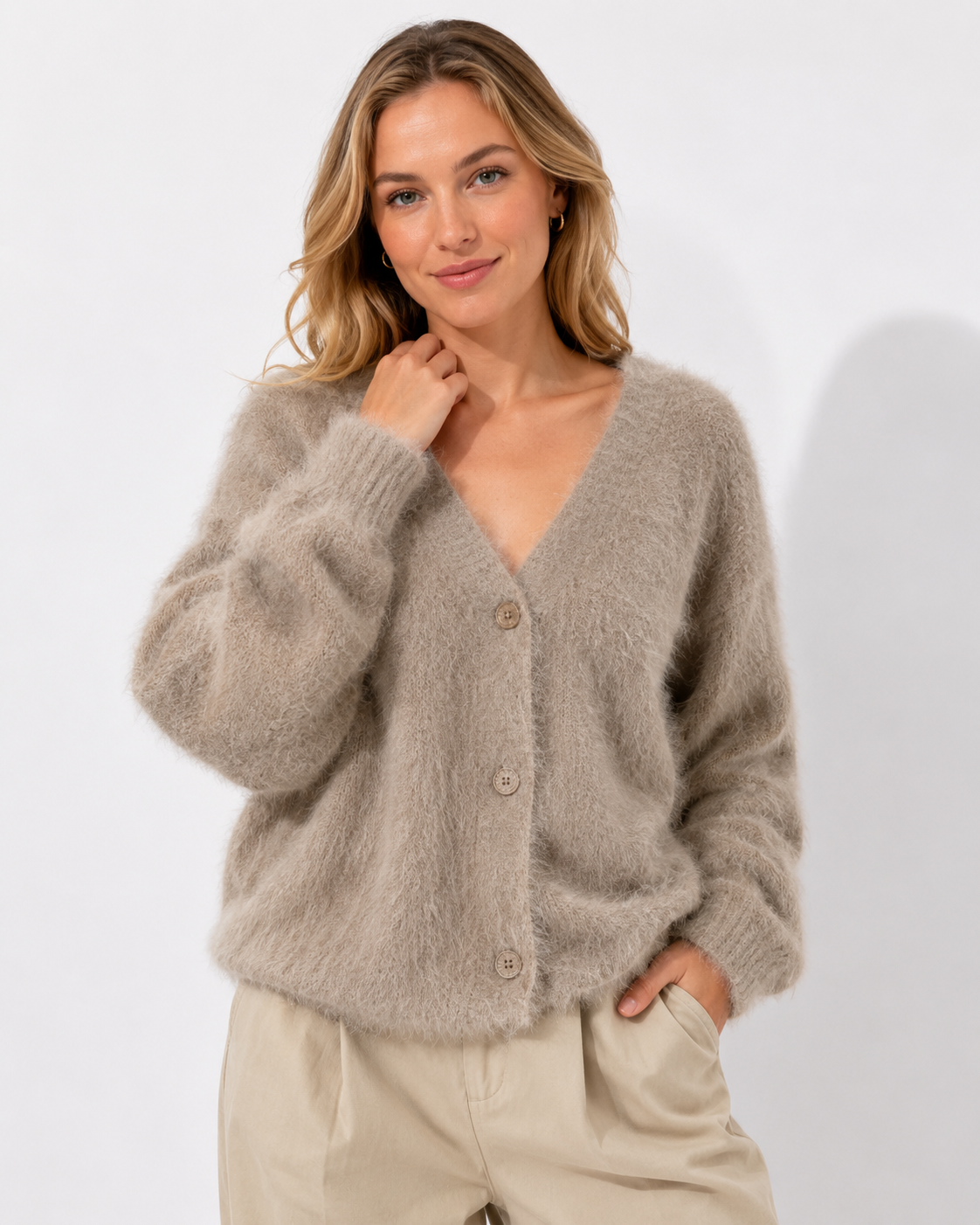 Women's Brushed Knit Cardigan with V-Neck