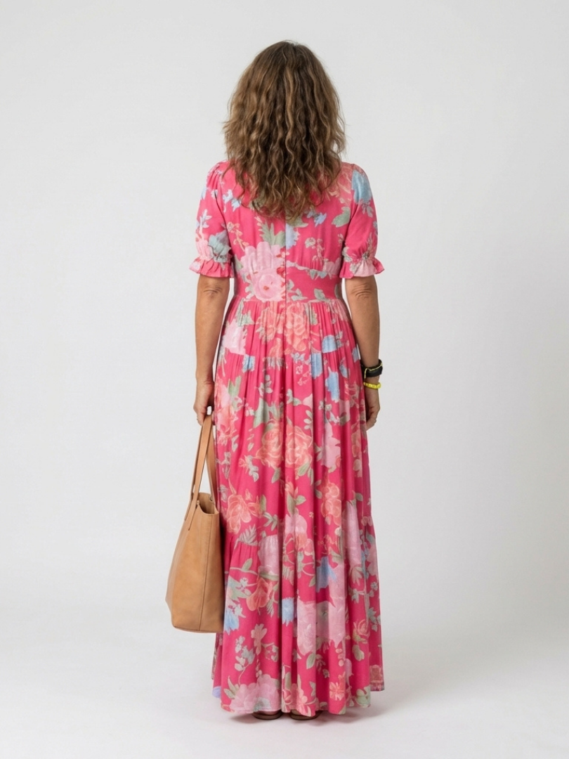 Women's Floral V-Neck Maxi Dress with Short Sleeves