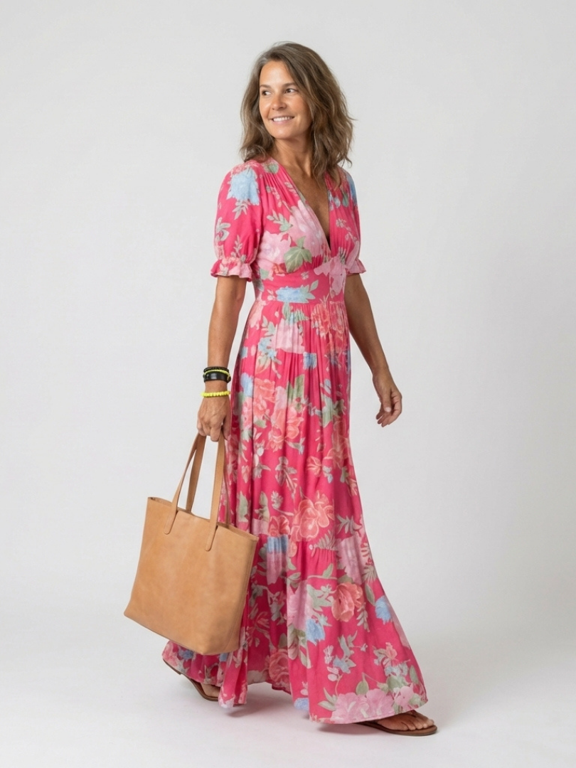 Women's Floral V-Neck Maxi Dress with Short Sleeves