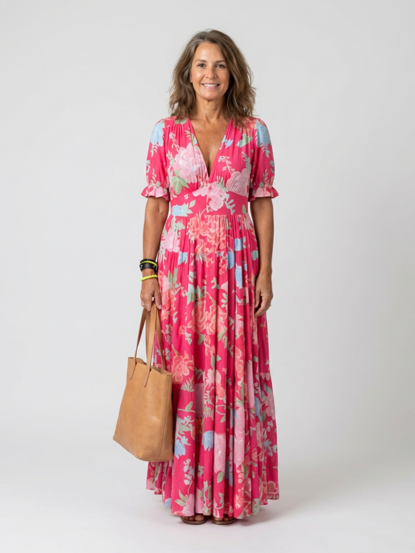 Women's Floral V-Neck Maxi Dress with Short Sleeves