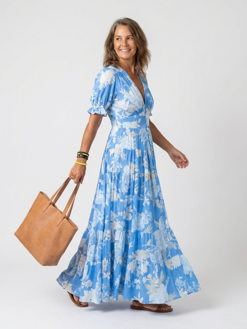 Women's Floral V-Neck Maxi Dress with Short Sleeves