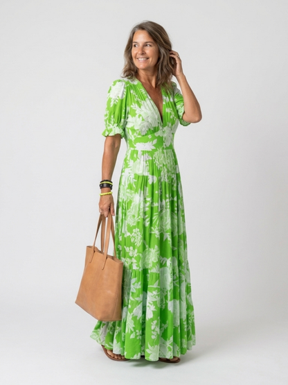 Women's Floral V-Neck Maxi Dress with Short Sleeves