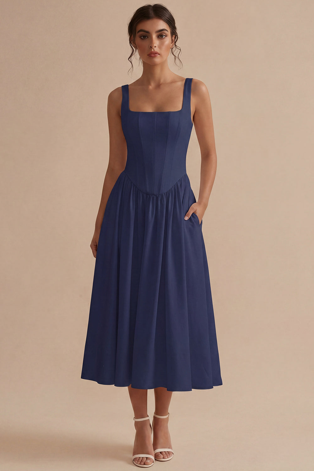Women's A-Line Midi Dress with Structured Bodice