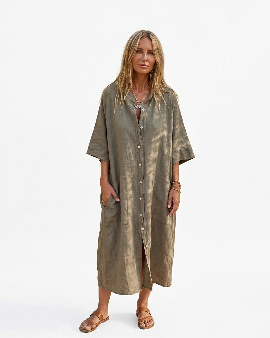 Women's Relaxed Linen Dress with V-Neck