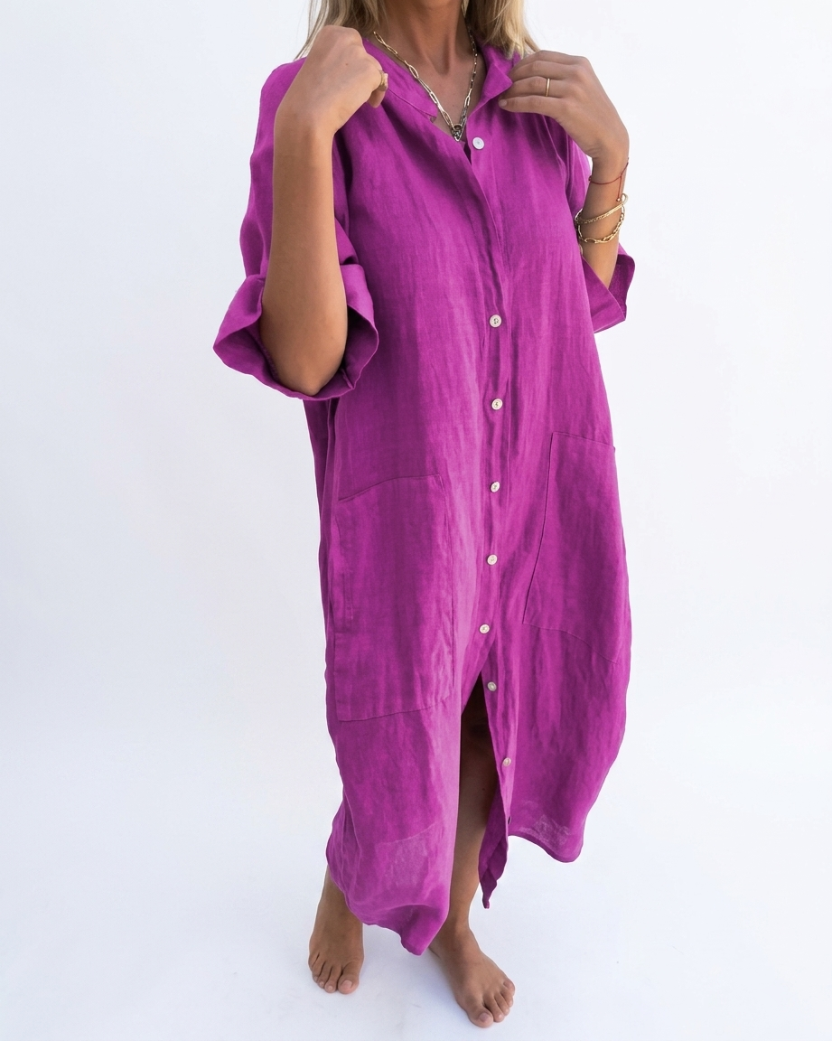 Women's Relaxed Linen Dress with V-Neck