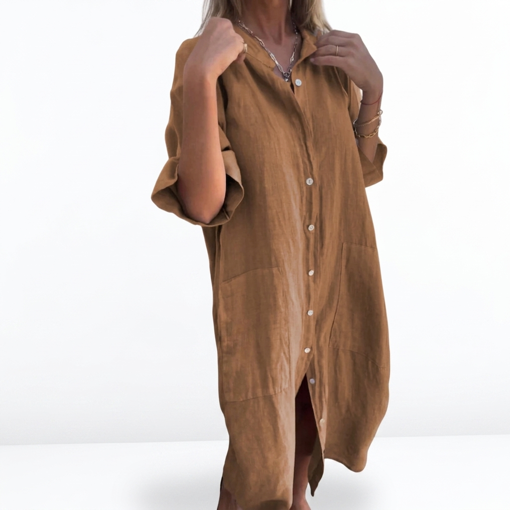 Women's Relaxed Linen Dress with V-Neck