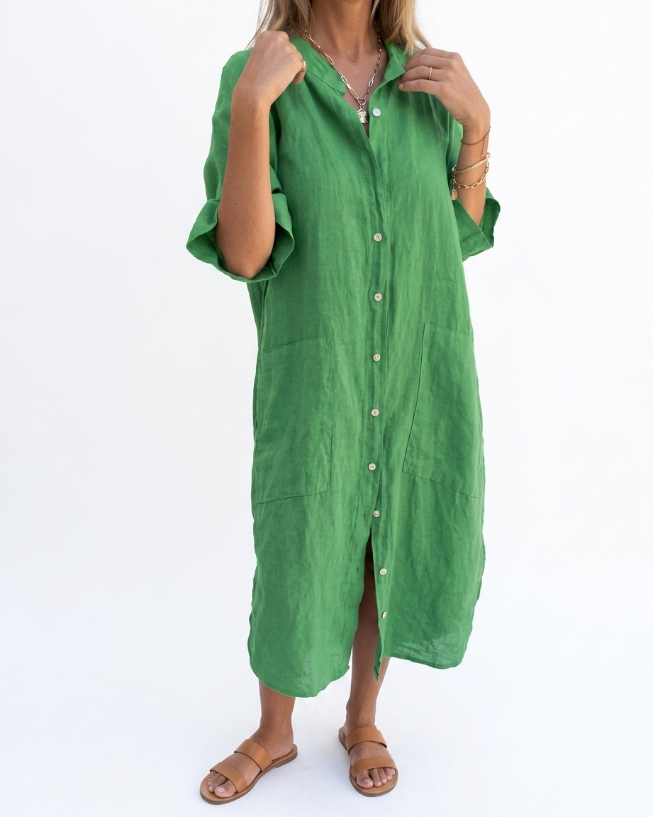 Women's Relaxed Linen Dress with V-Neck
