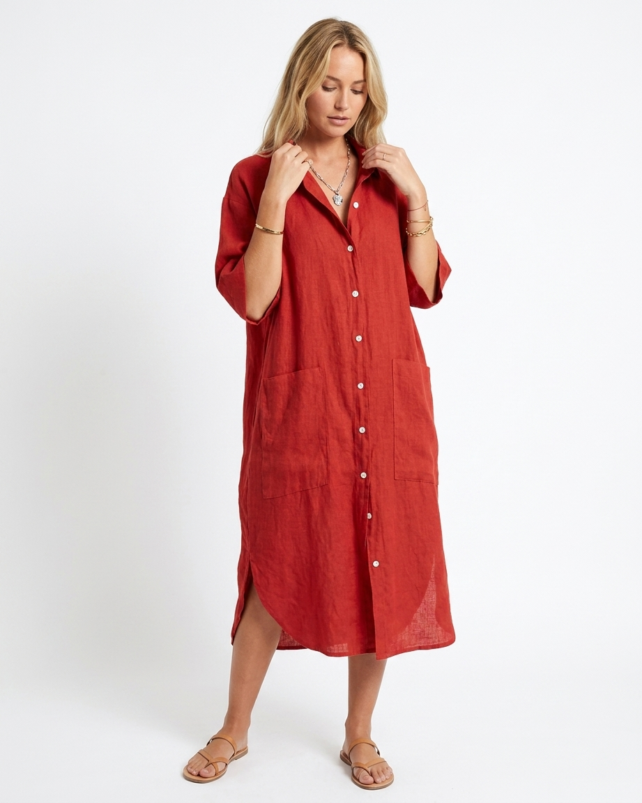 Women's Relaxed Linen Dress with V-Neck