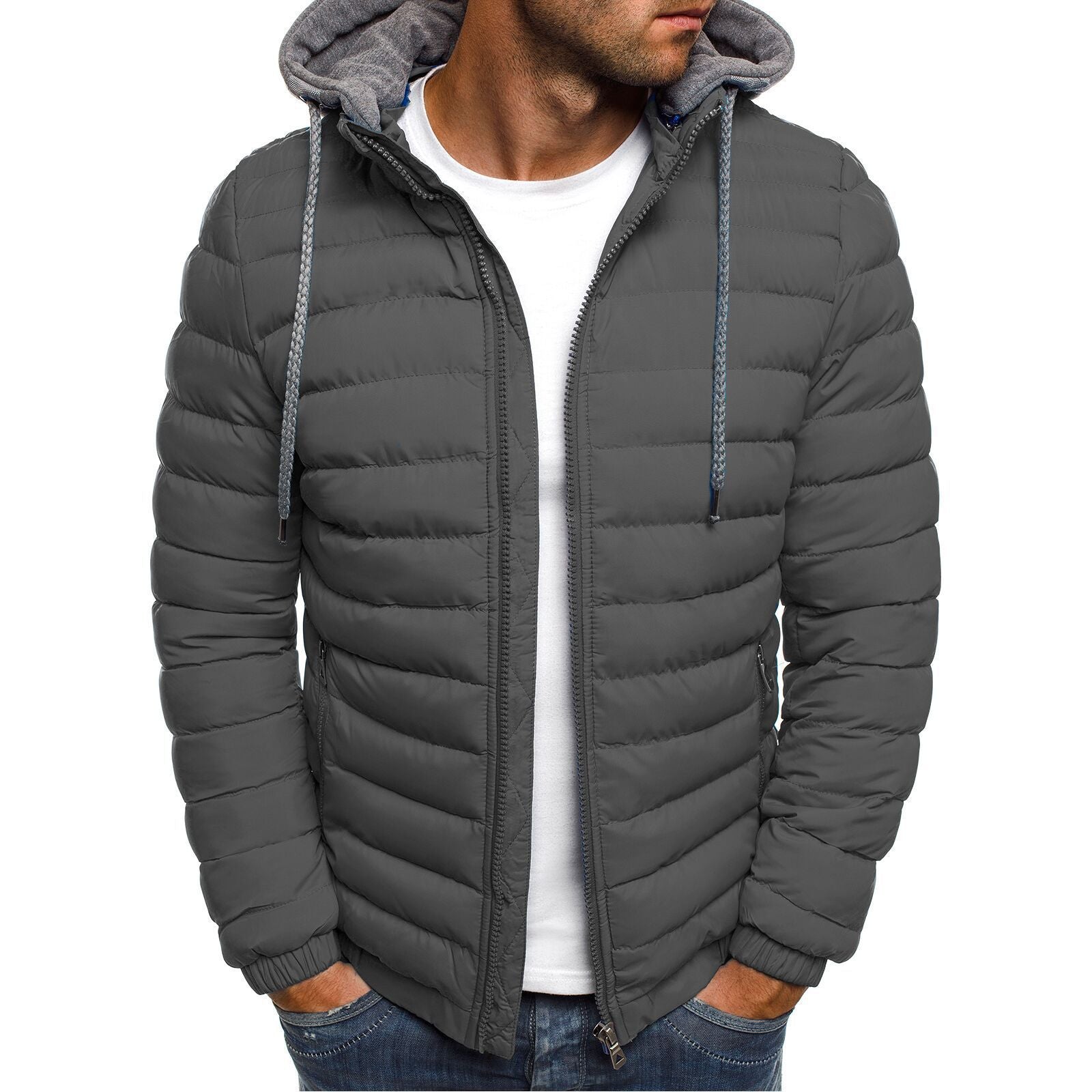 Men's Hooded Puffer Jacket with Drawcord Hood