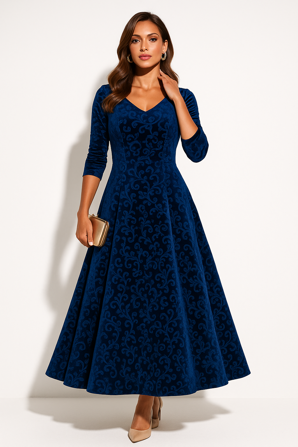 Women's Velvet Midi Dress with A-Line Skirt