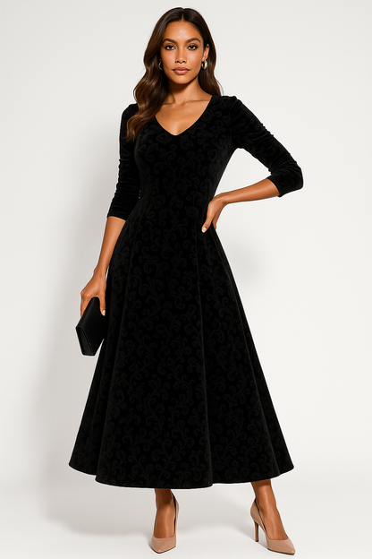 Women's Velvet Midi Dress with A-Line Skirt