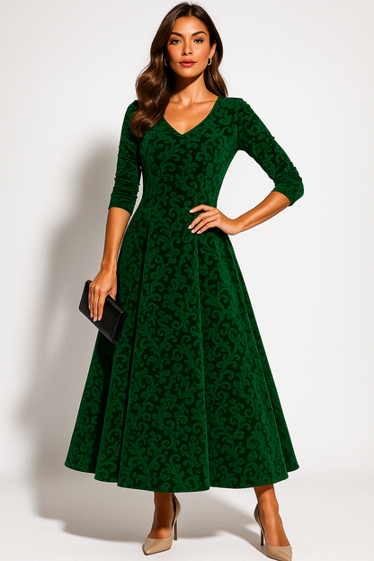 Women's Velvet Midi Dress with A-Line Skirt