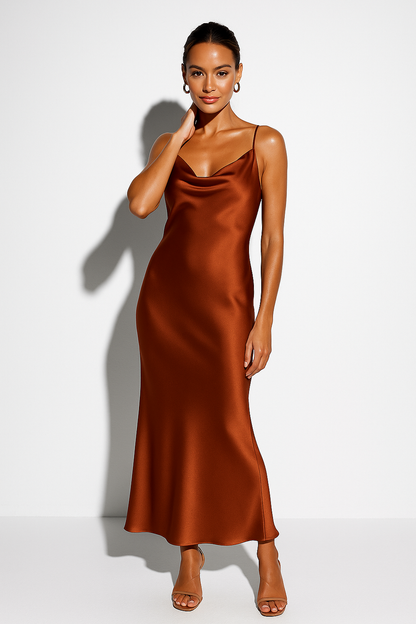 Women's Satin Maxi Dress with Cowl Neck
