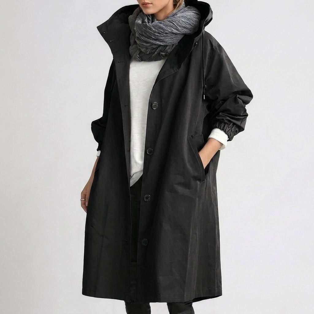 Women's Packable Hooded Rain Coat with Button Front