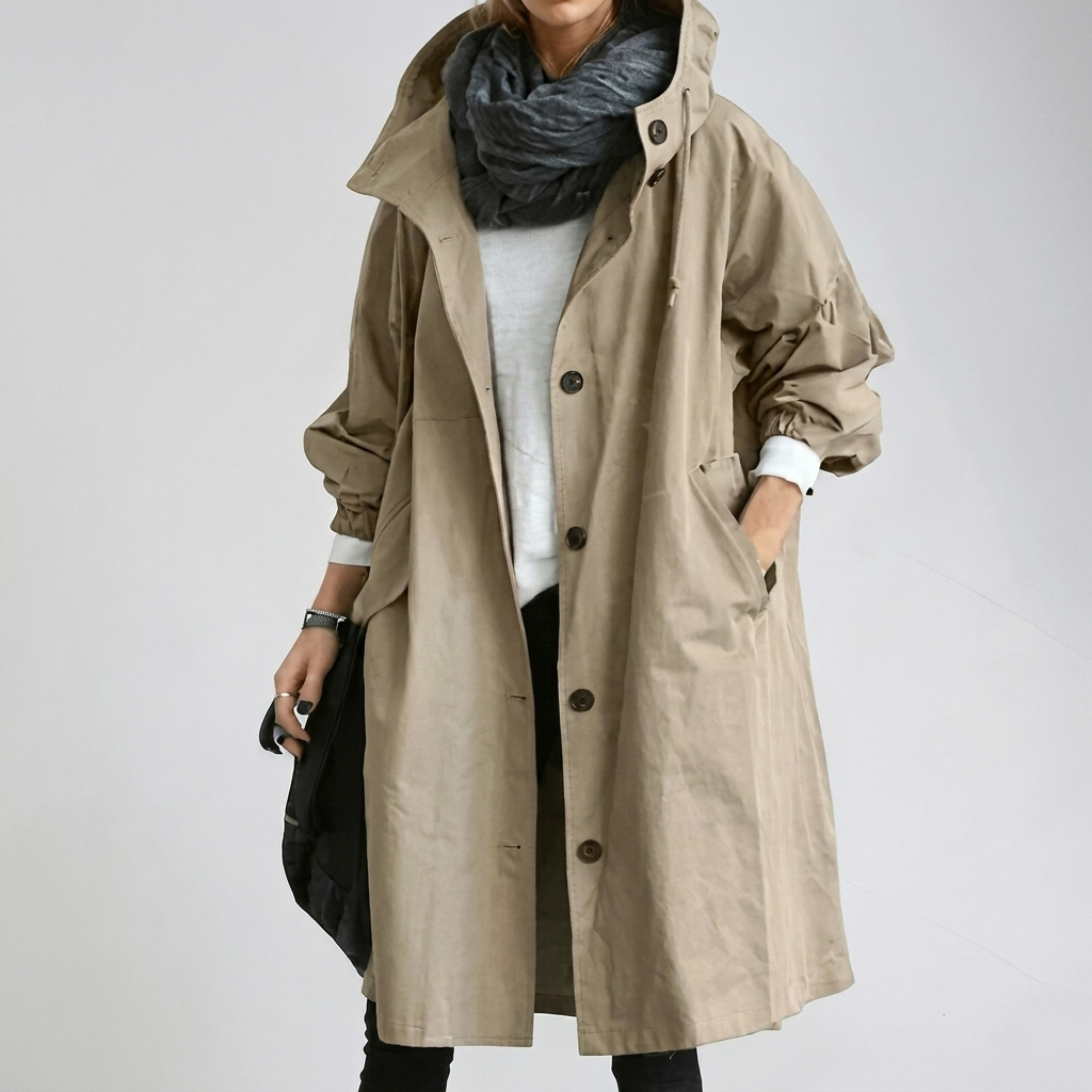 Women's Packable Hooded Rain Coat with Button Front