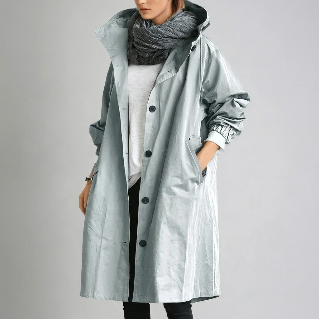 Women's Packable Hooded Rain Coat with Button Front