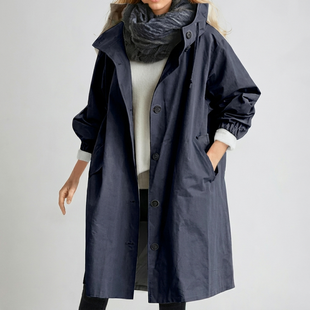 Women's Packable Hooded Rain Coat with Button Front