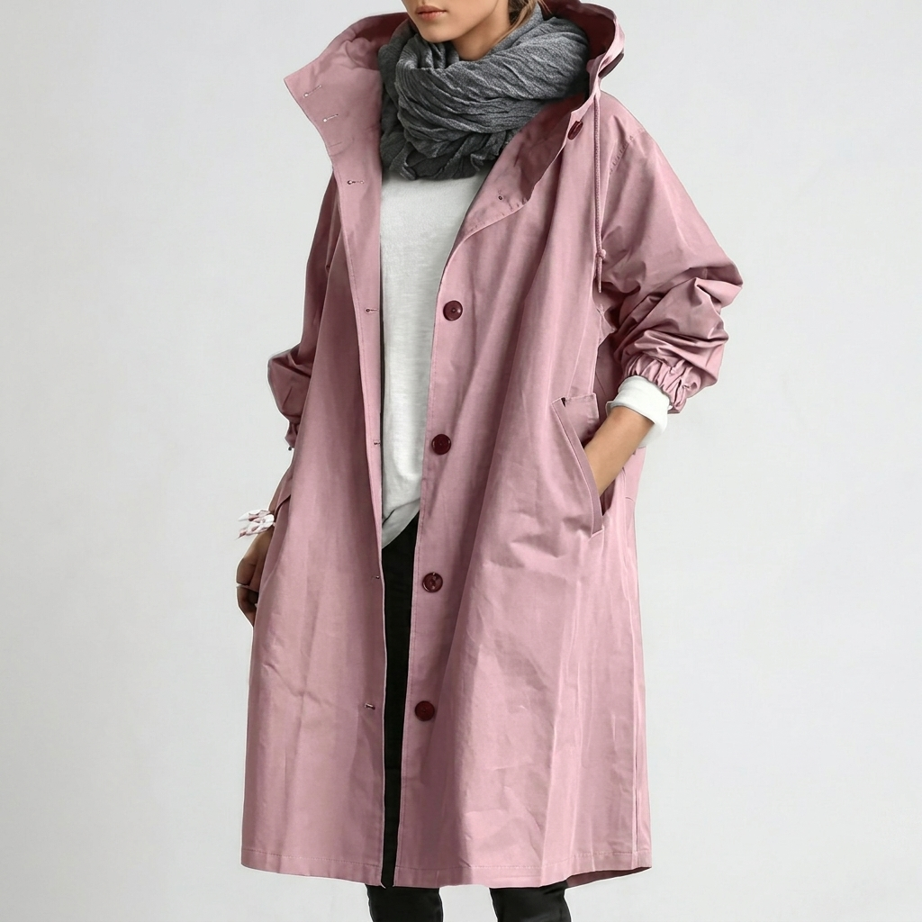 Women's Packable Hooded Rain Coat with Button Front