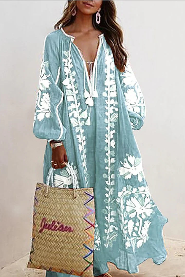 Women's Embroidered Bohemian Maxi Dress with Tassel Tie