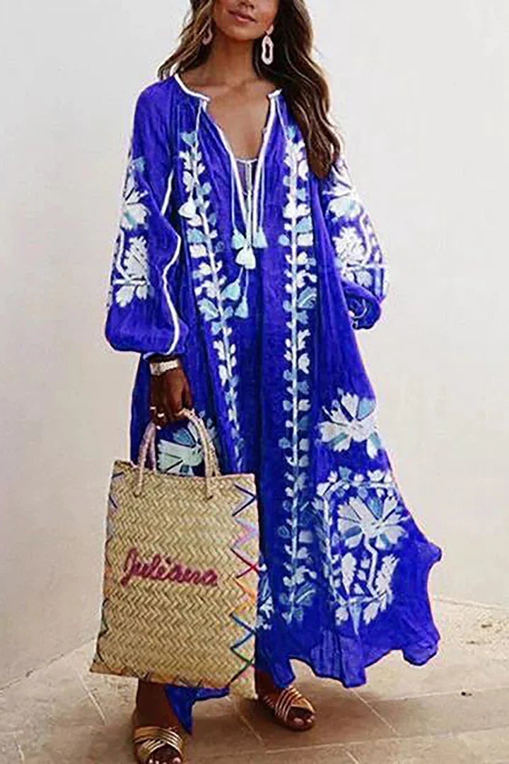 Women's Embroidered Bohemian Maxi Dress with Tassel Tie