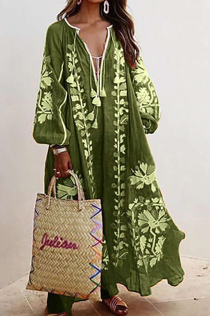 Women's Embroidered Bohemian Maxi Dress with Tassel Tie