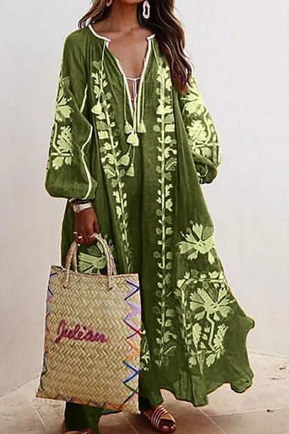 Women's Embroidered Bohemian Maxi Dress with Tassel Tie