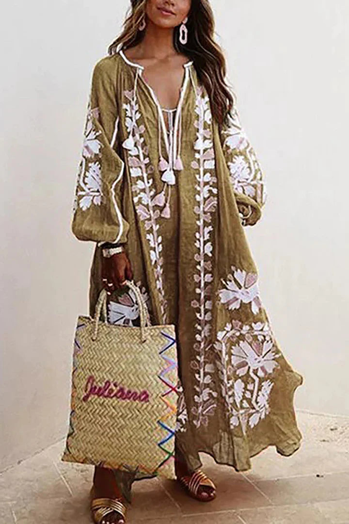 Women's Embroidered Bohemian Maxi Dress with Tassel Tie