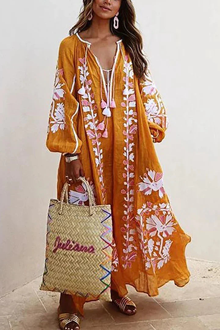 Women's Embroidered Bohemian Maxi Dress with Tassel Tie