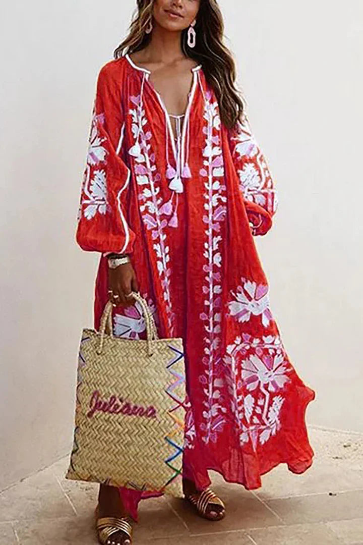 Women's Embroidered Bohemian Maxi Dress with Tassel Tie