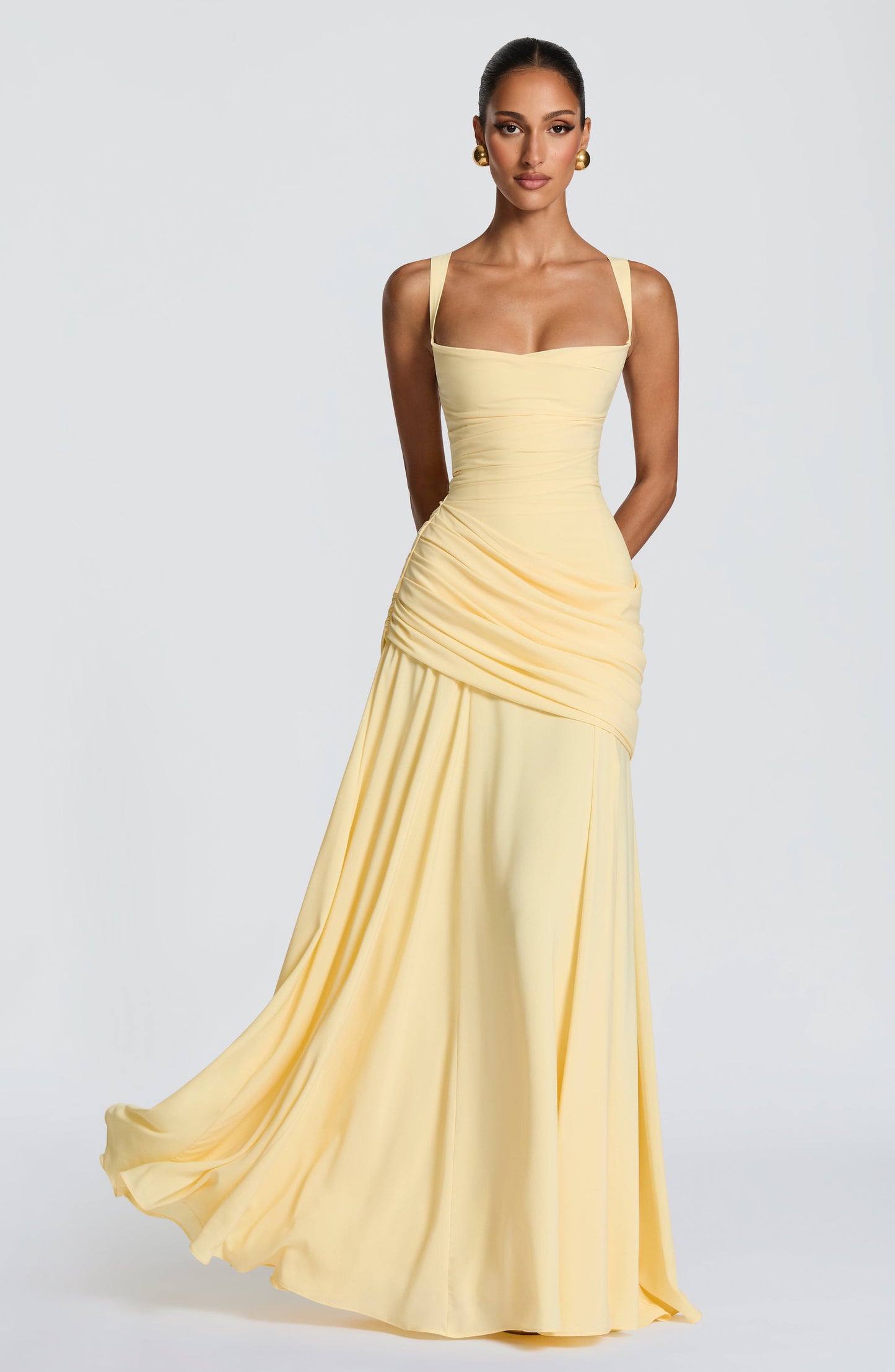 Women's Ruched Maxi Dress with Square Neckline