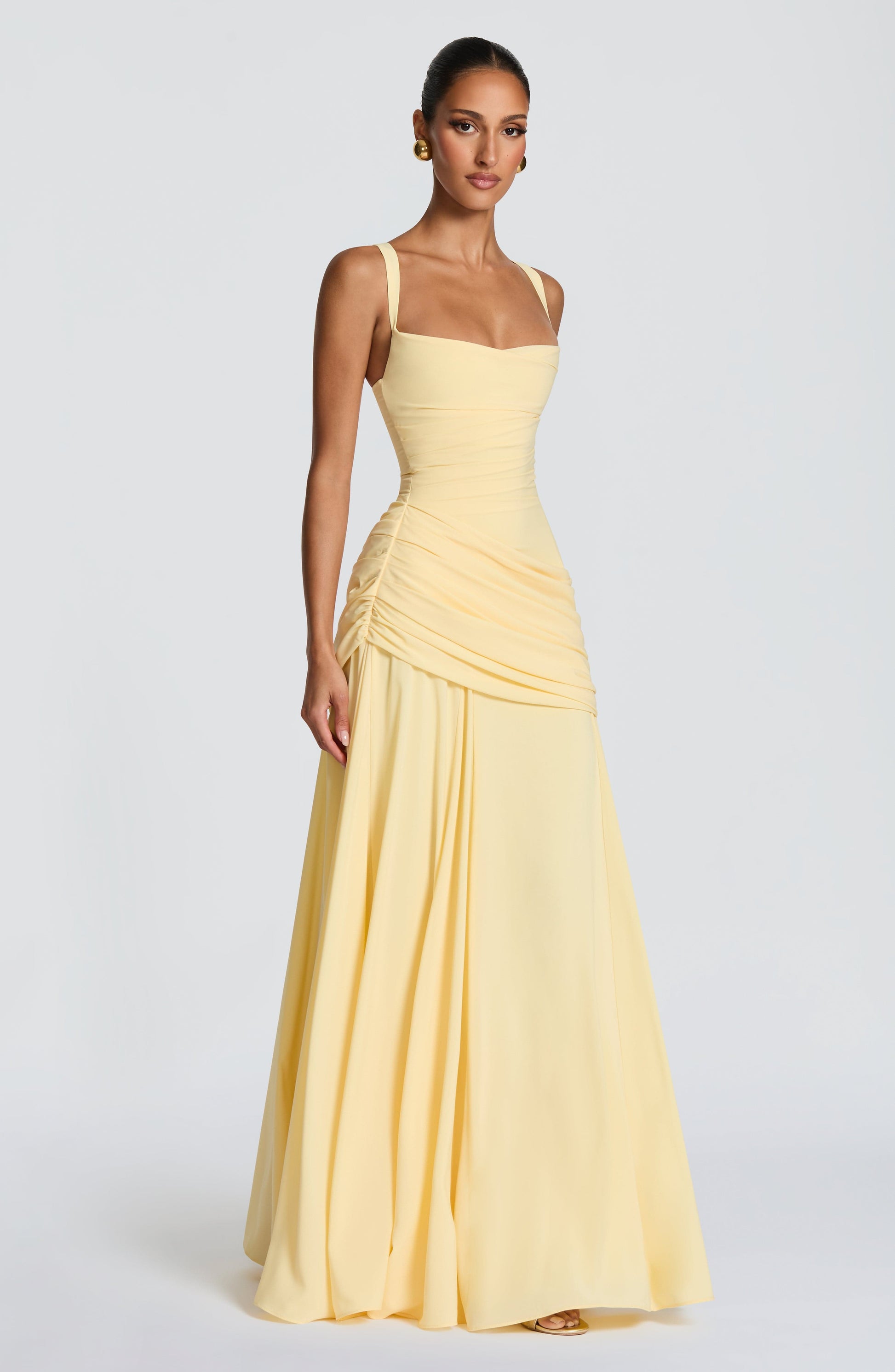 Women's Ruched Maxi Dress with Square Neckline