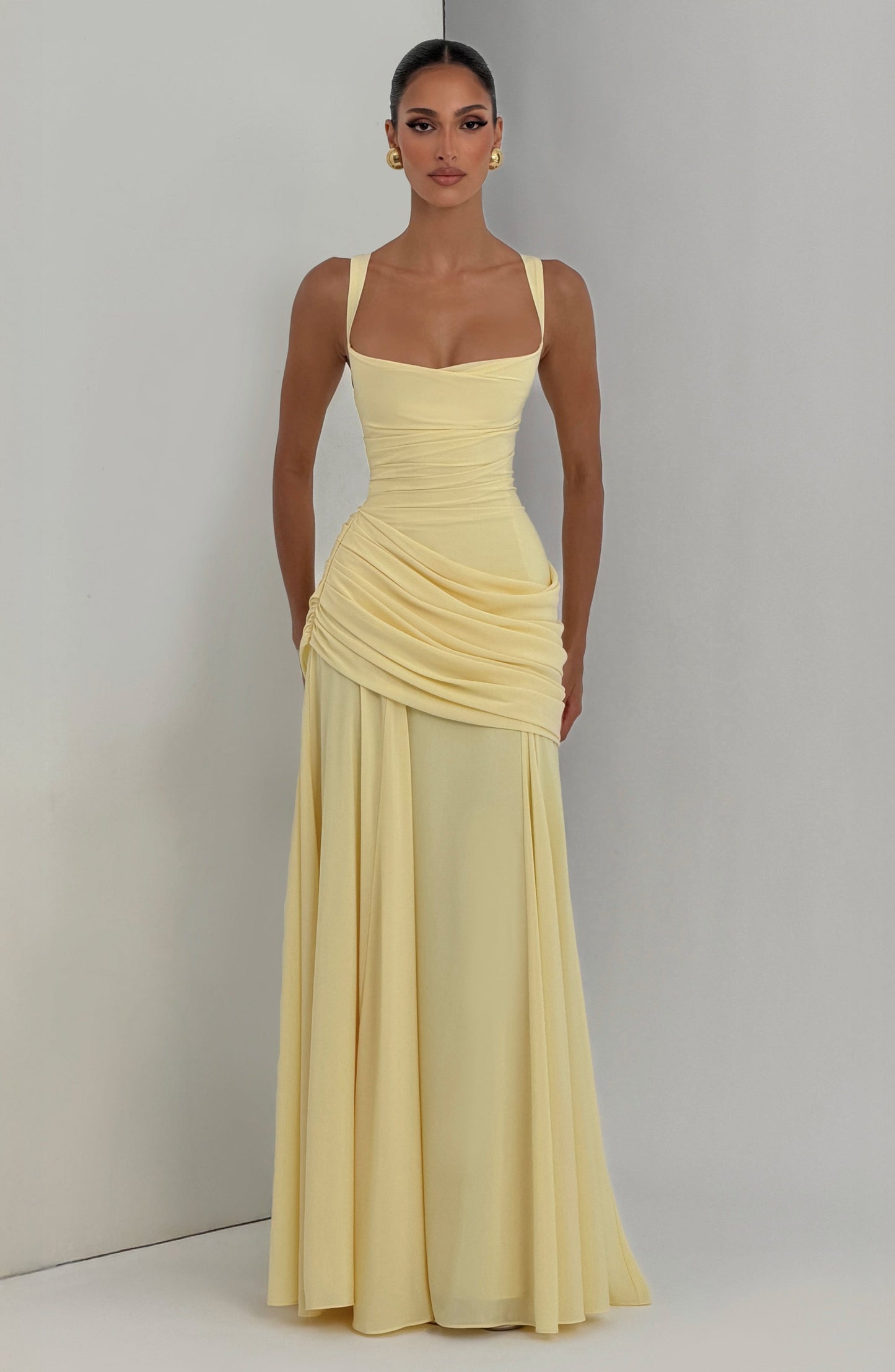 Women's Ruched Maxi Dress with Square Neckline