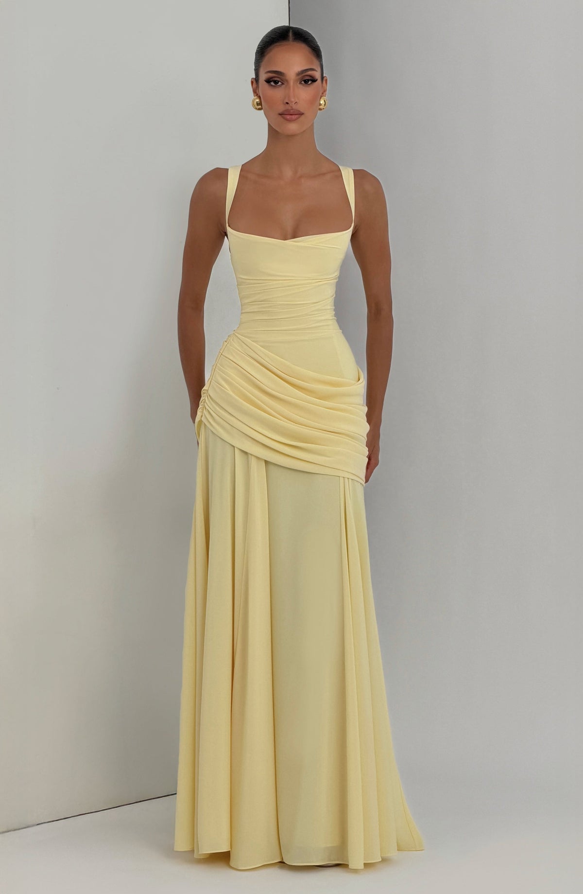 Women's Ruched Maxi Dress with Square Neckline