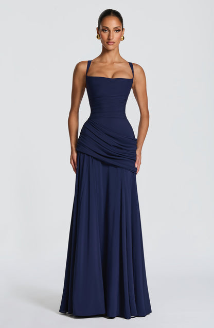Women's Ruched Maxi Dress with Square Neckline