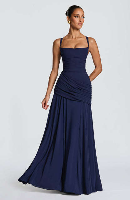 Women's Ruched Maxi Dress with Square Neckline