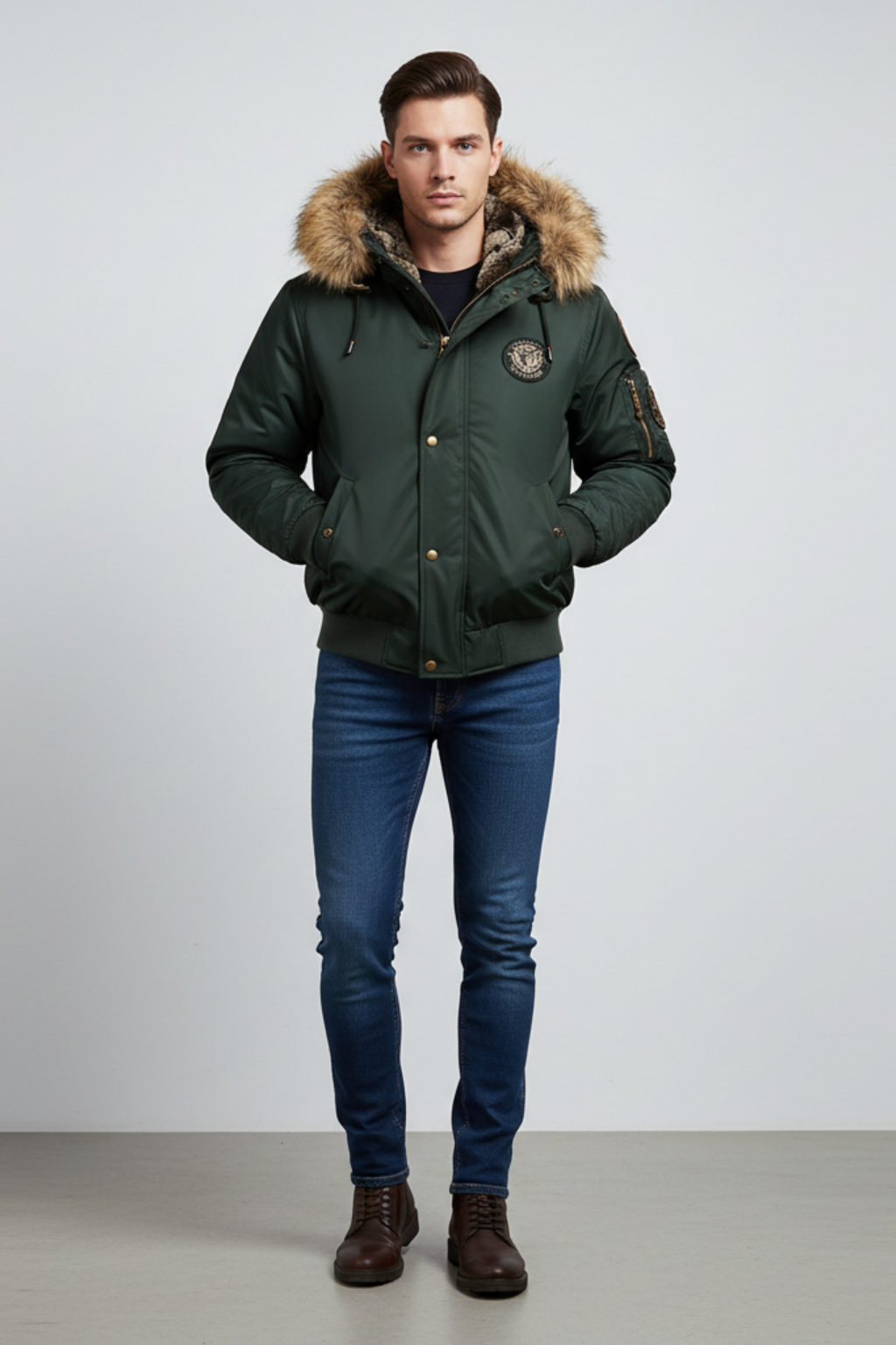 Men's Quilted Bomber Jacket with Faux Fur Hood