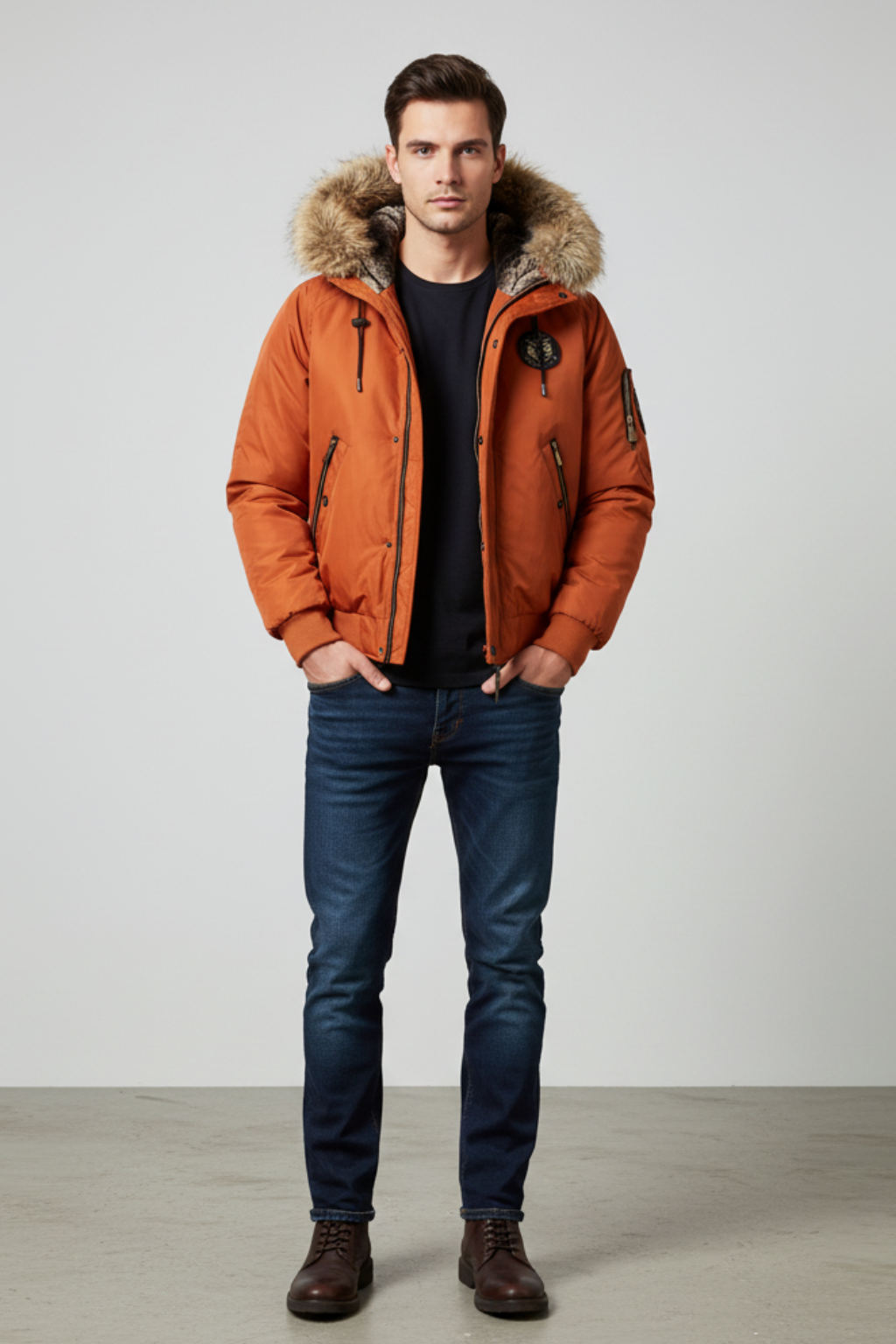 Men's Quilted Bomber Jacket with Faux Fur Hood