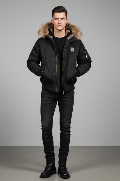 Men's Quilted Bomber Jacket with Faux Fur Hood