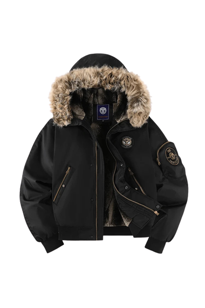 Men's Quilted Bomber Jacket with Faux Fur Hood
