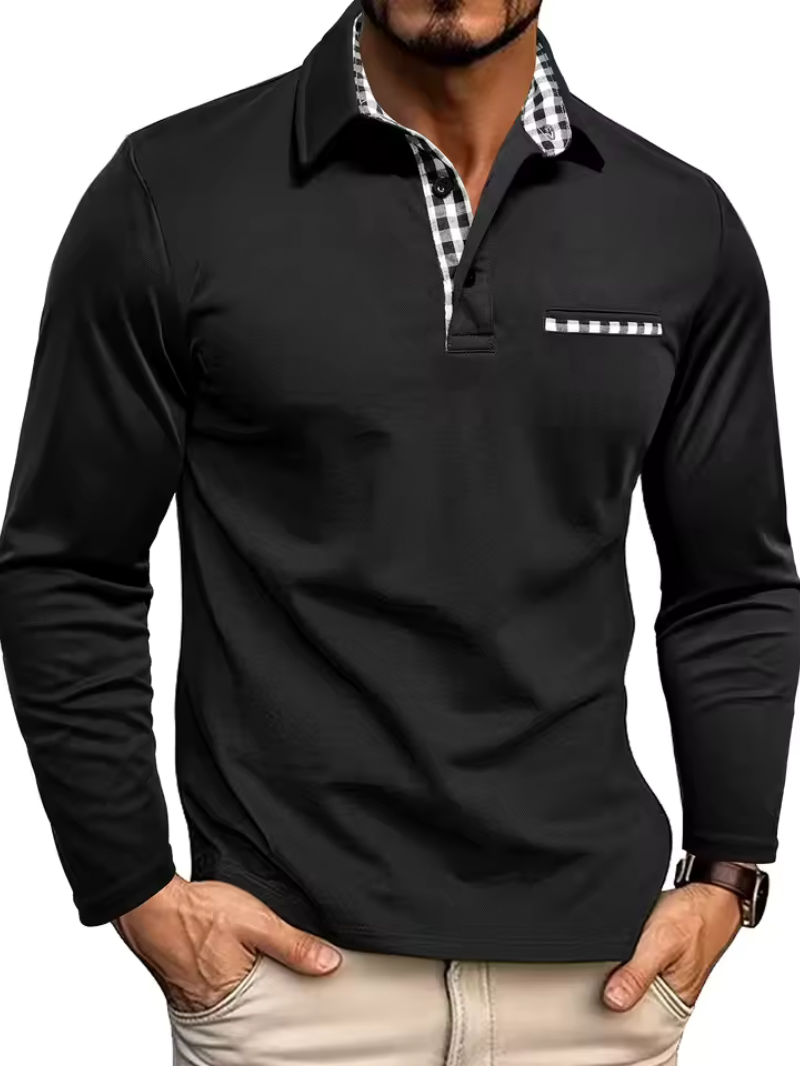 Men's Long-Sleeve Polo Shirt with Ribbed Collar